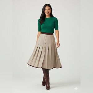 Vintage Style Pleated A-Line Skirt Tan with Brown Trim & Gold Buttons